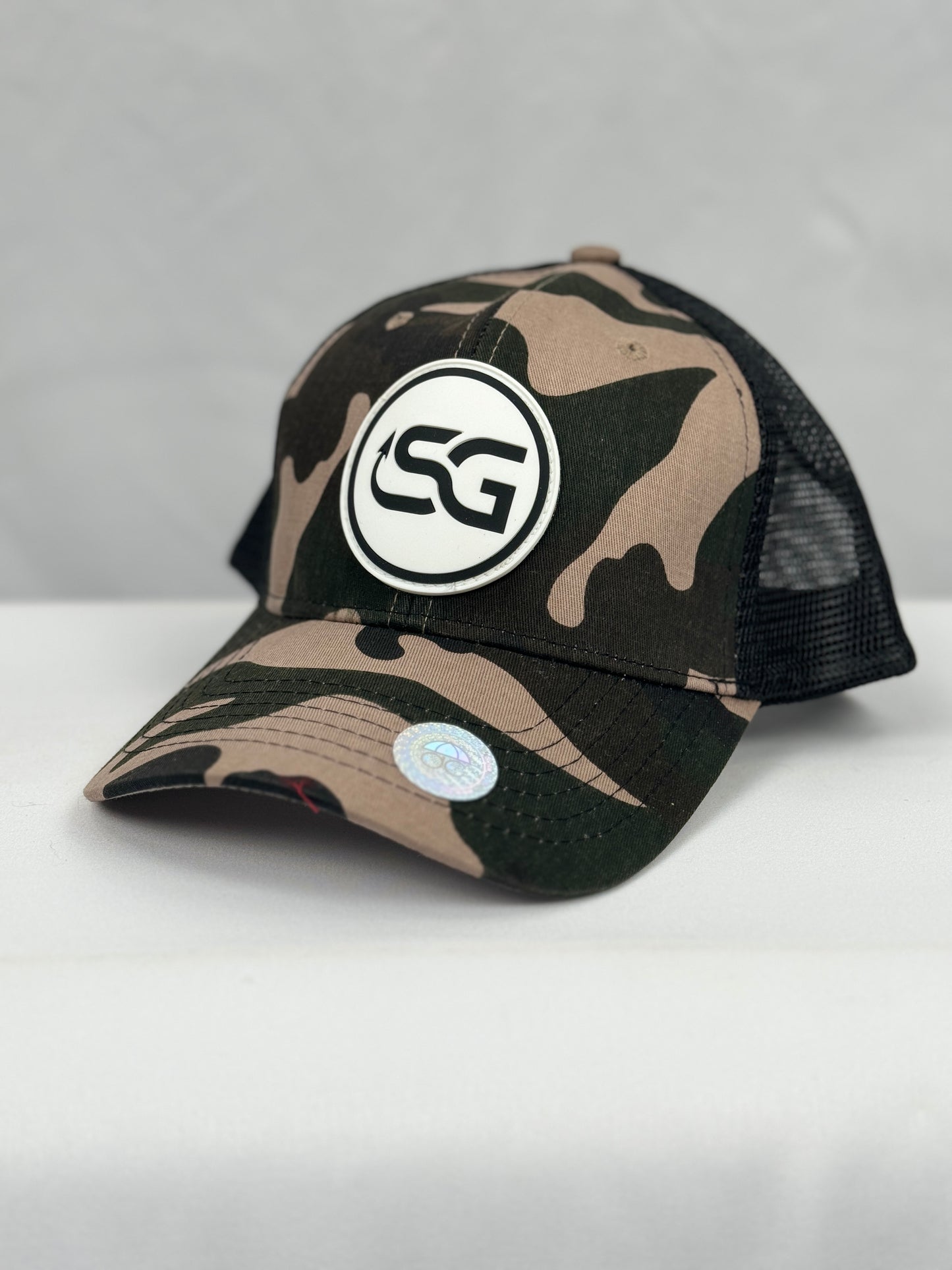 PVC Circle Logo on 6638 Camo Trucker Cap - Camo/ Black