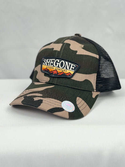 Full Color Woven SheGone Patch on 6638 Camo Trucker Cap - Camo/ Black