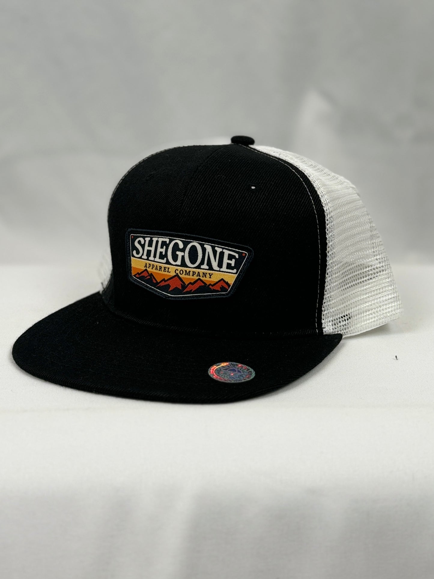 Full Color Woven SheGone Patch on 8638 Flat Bill Trucker Cap - Black/ White